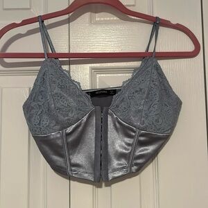 Blue lace and metallic corset crop top